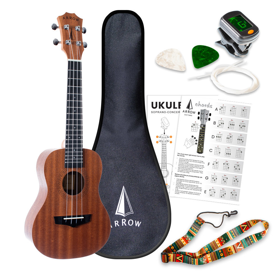 Ukulele koncertowe z zestawem akcesoriw Arrow MH10 Sapele Concert Ukulele *SET*