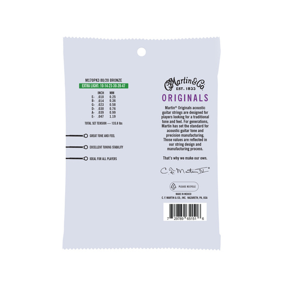 Martin M170PK3 80/20 Bronze Extra Light – struny do gitary akustycznej 3x