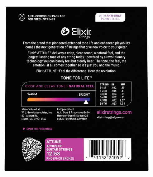 Elixir ATTUNE Phos Bronze Light 12-53 - struny do gitary akustycznej