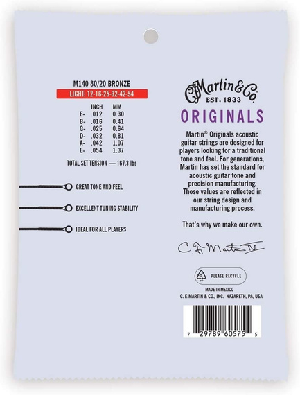 Struny do Gitary Akustycznej Martin Guitar Martin M140 Martin Acoustic Light 80/20