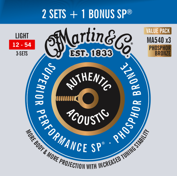 3 komplety strun Martin MA540 Authentic Acoustic Superior Performance SP Value Pack do gitary akustycznej Light 12 - 54