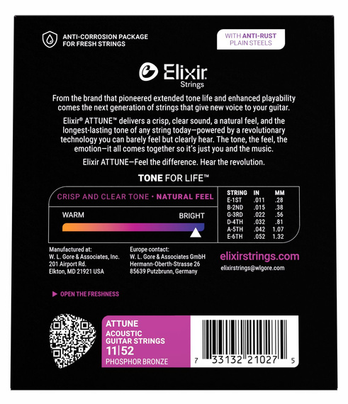 Elixir ATTUNE Phos Bronze 11-52 - struny do gitary akustycznej